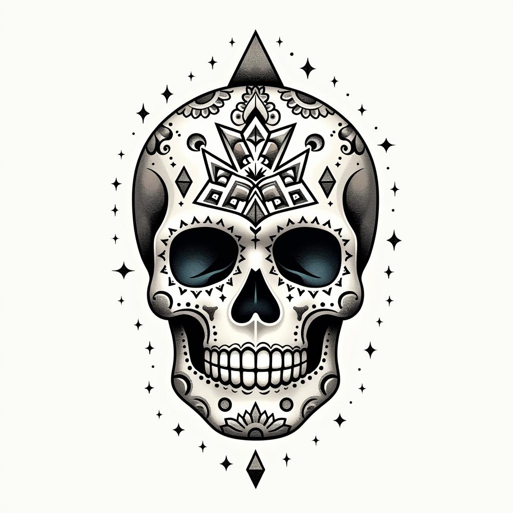 Mayan, sugar skullin minimalist style tattoo, featuring simple shapes and fine lines, with minimal shading and details, tiny triangles, creating a sense of balance and harmony - Variation 4