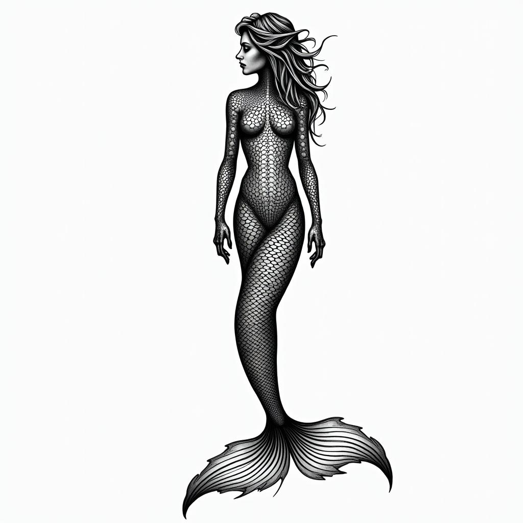 Mermaid, darkin dotwork style tattoo, complex mandala patterns, interlocking geometric shapes with sharp symmetry, clean lines, sharp angles - Variation 2