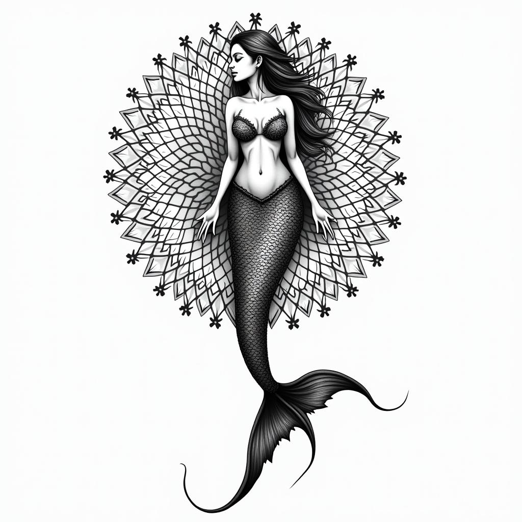 Mermaid, darkin dotwork style tattoo, complex mandala patterns, interlocking geometric shapes with sharp symmetry, clean lines, sharp angles - Variation 4