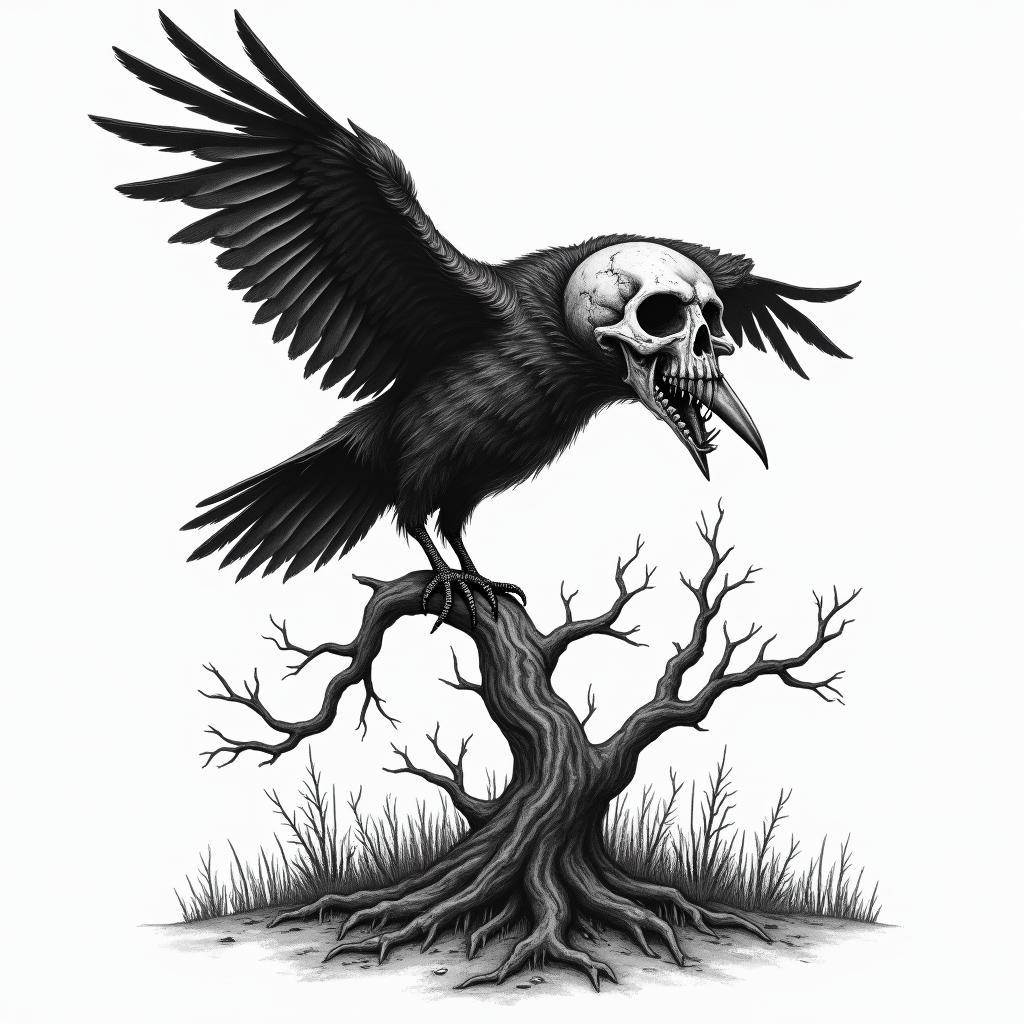 Crow on a dead tree overlooking a battlefield creepy horror tattoo style, featuring an eerie and unsettling skull of a demonic creature, distorted face with sharp fangs, add pentagram symbol