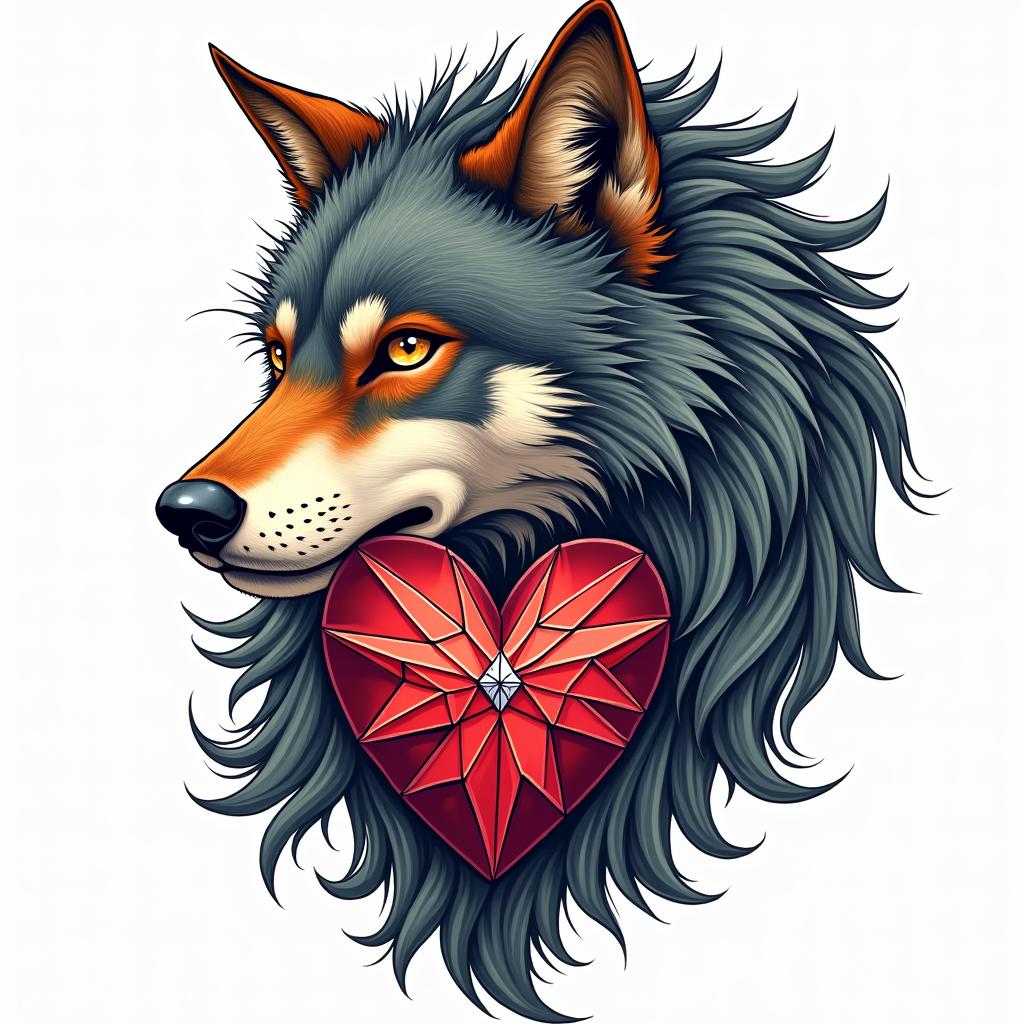 fighting wolf with diamond heartin bohemian style tattoo, 8k - Variation 2