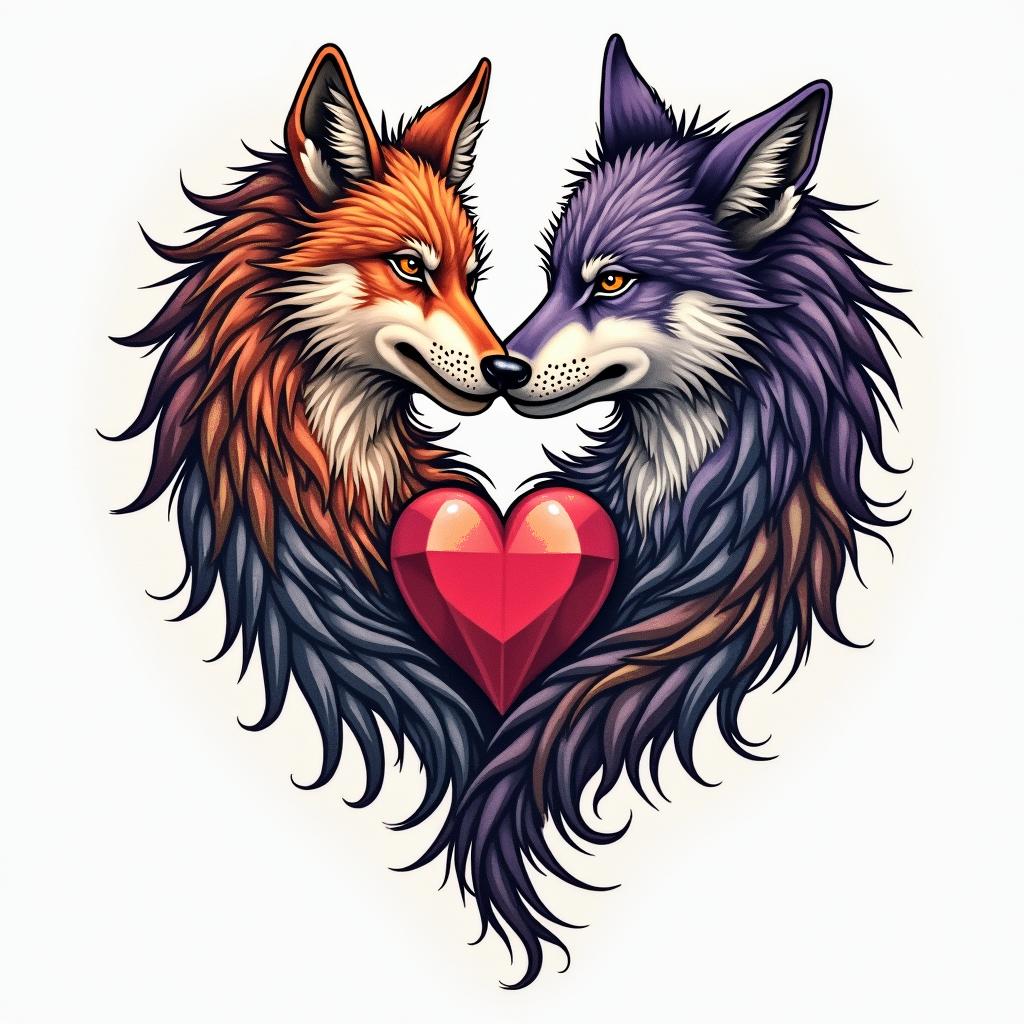 fighting wolf with diamond heartin bohemian style tattoo, 8k - Variation 3