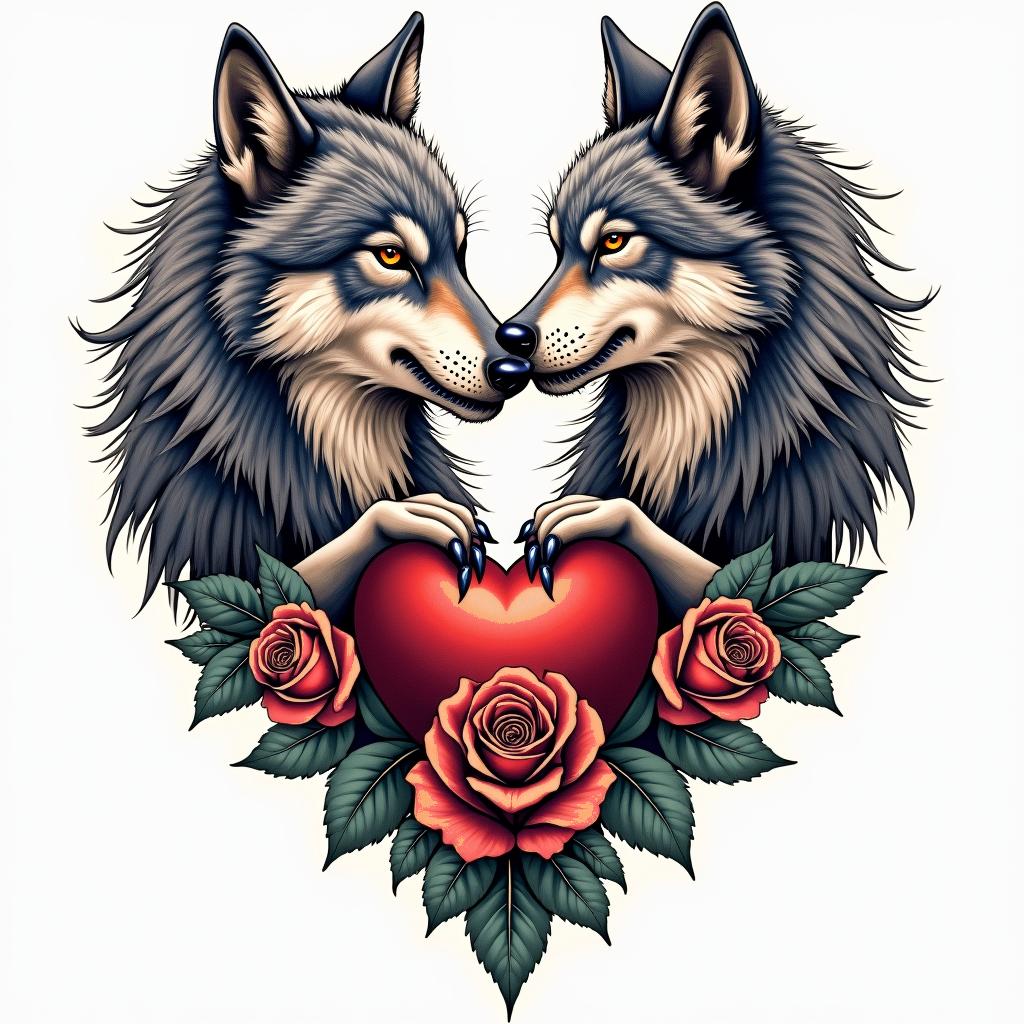 fighting wolf with diamond heartin bohemian style tattoo, 8k - Variation 4