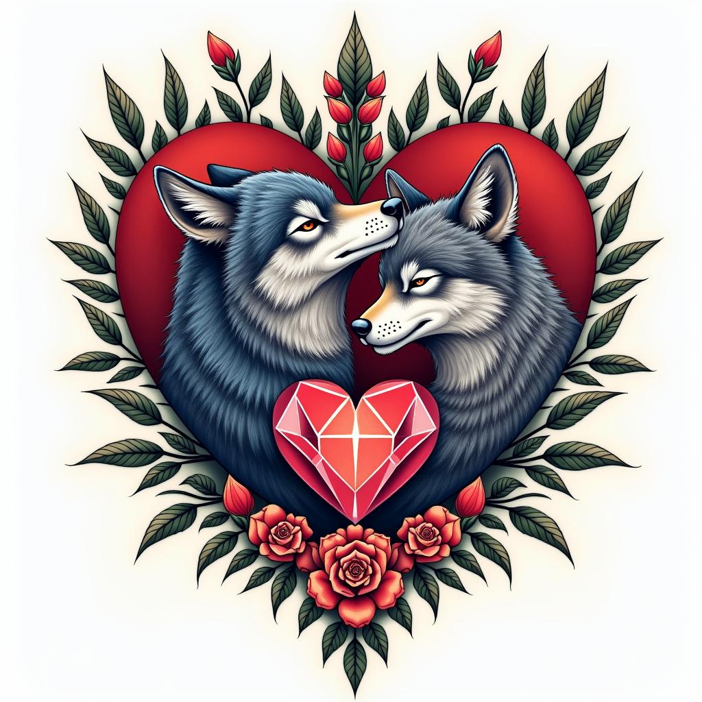 fighting wolf with diamond heartin bohemian style tattoo, 8k
