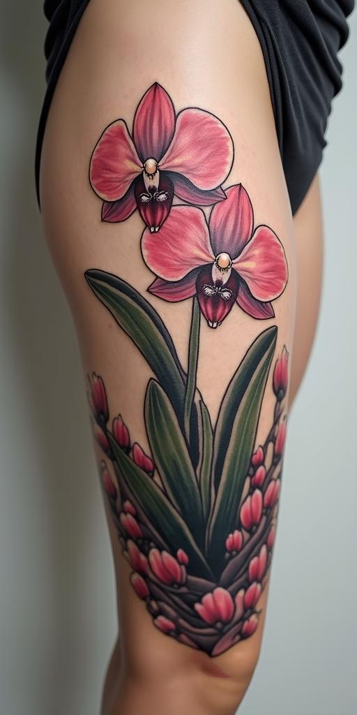 Orchid, passionflower, cactus blossom, nature, serenityin authentic tattoo style, incorporating traditional modifications, bold black outlines, solid color fills, featuring classic authentic elements