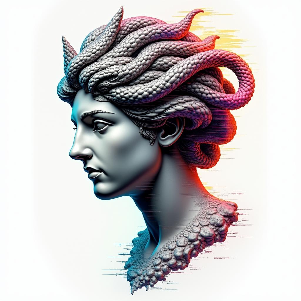 Medusain distorted and fragmented tattoo design, featuring a classical statue bust, in a glitch art style with vibrant, overlapping colors of cyan, magenta, and yellow, creating a digital distortion effect - Variation 8
