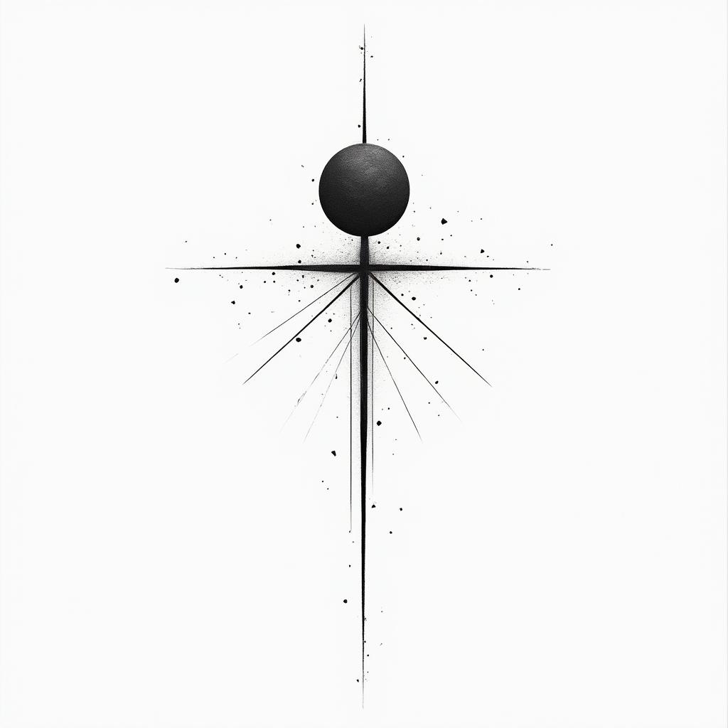 Planet + moon + ankh crossin minimalist style tattoo, featuring simple shapes and fine lines, with minimal shading and details, tiny triangles, creating a sense of balance and harmony