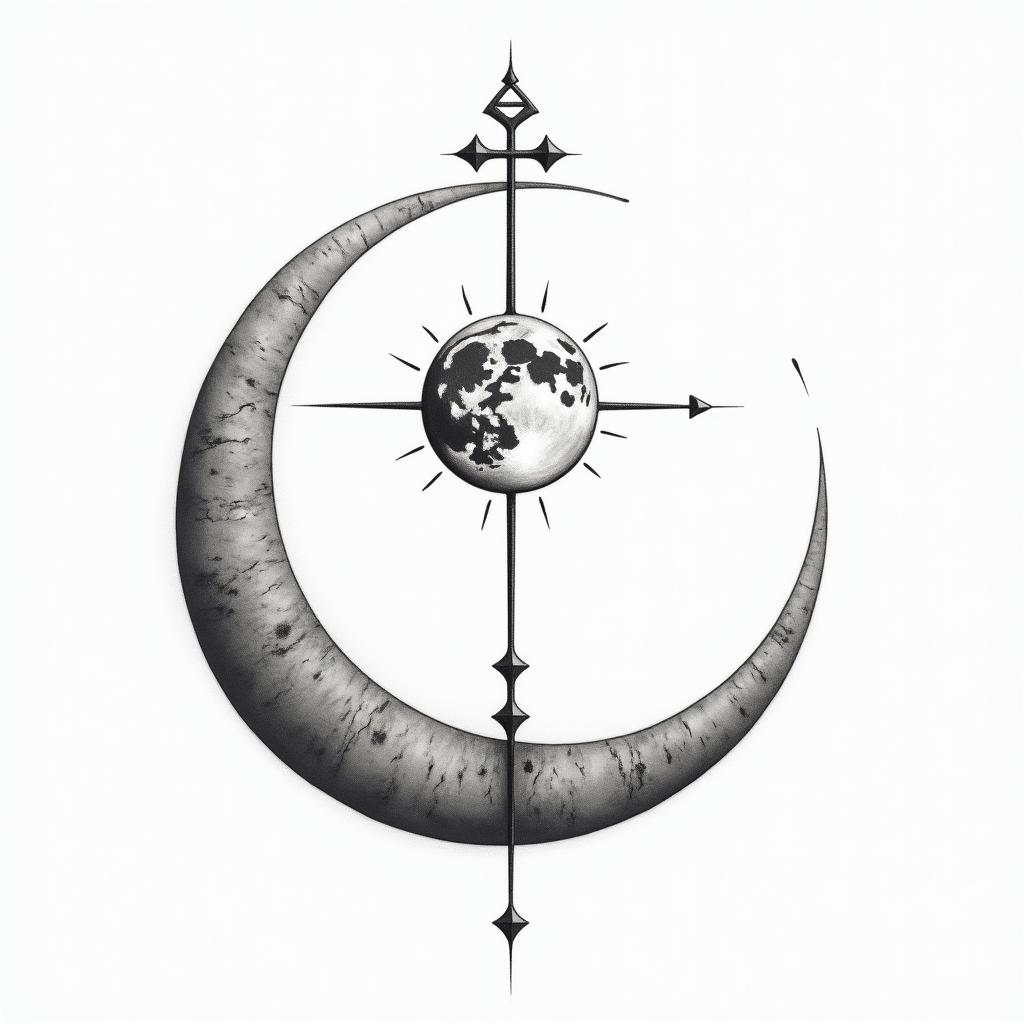Planet + moon + ankh crossin minimalist style tattoo, featuring simple shapes and fine lines, with minimal shading and details, tiny triangles, creating a sense of balance and harmony - Variation 4
