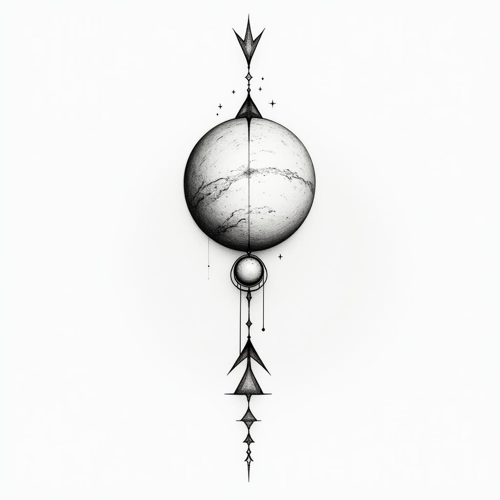 Planet + moon + ankh crossin minimalist style tattoo, featuring simple shapes and fine lines, with minimal shading and details, tiny triangles, creating a sense of balance and harmony - Variation 2