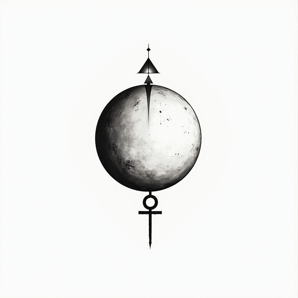 Planet + moon + ankh crossin minimalist style tattoo, featuring simple shapes and fine lines, with minimal shading and details, tiny triangles, creating a sense of balance and harmony - Variation 3