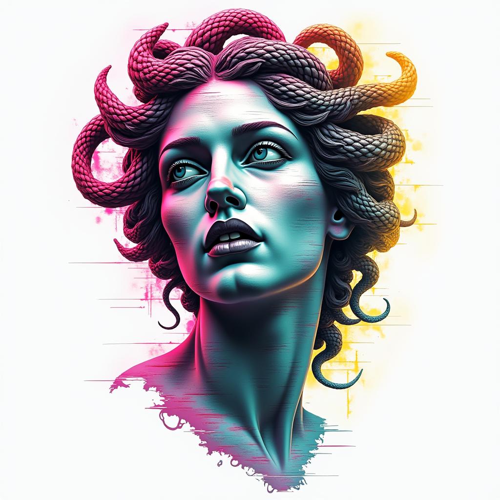 Medusa, seductive, intimidating, strongin distorted and fragmented tattoo design, featuring a classical statue bust, in a glitch art style with vibrant, overlapping colors of cyan, magenta, and yellow, creating a digital distortion effect - Variation 3