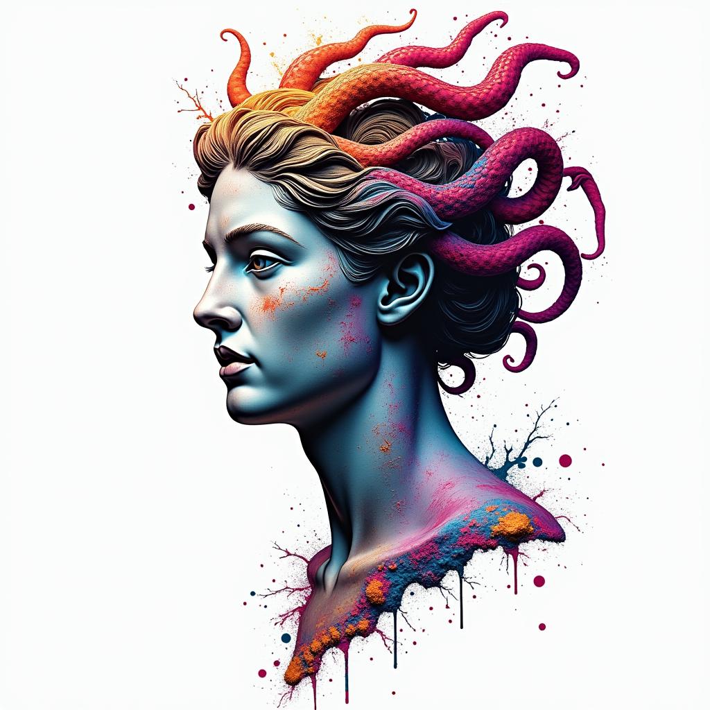 Medusa, seductive, intimidating, strongin distorted and fragmented tattoo design, featuring a classical statue bust, in a glitch art style with vibrant, overlapping colors of cyan, magenta, and yellow, creating a digital distortion effect - Variation 4