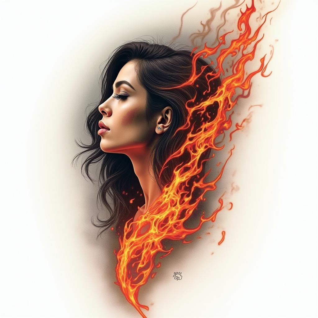 Aunty Lindain flame tattoo style showcasing fiery elements with dynamic flame patterns, glowing effect of flames, natural colors - Variation 1