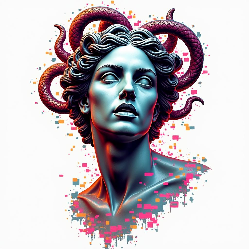 Medusa, seductive, intimidating, strongin distorted and fragmented tattoo design, featuring a classical statue bust, in a glitch art style with vibrant, overlapping colors of cyan, magenta, and yellow, creating a digital distortion effect - Variation 2