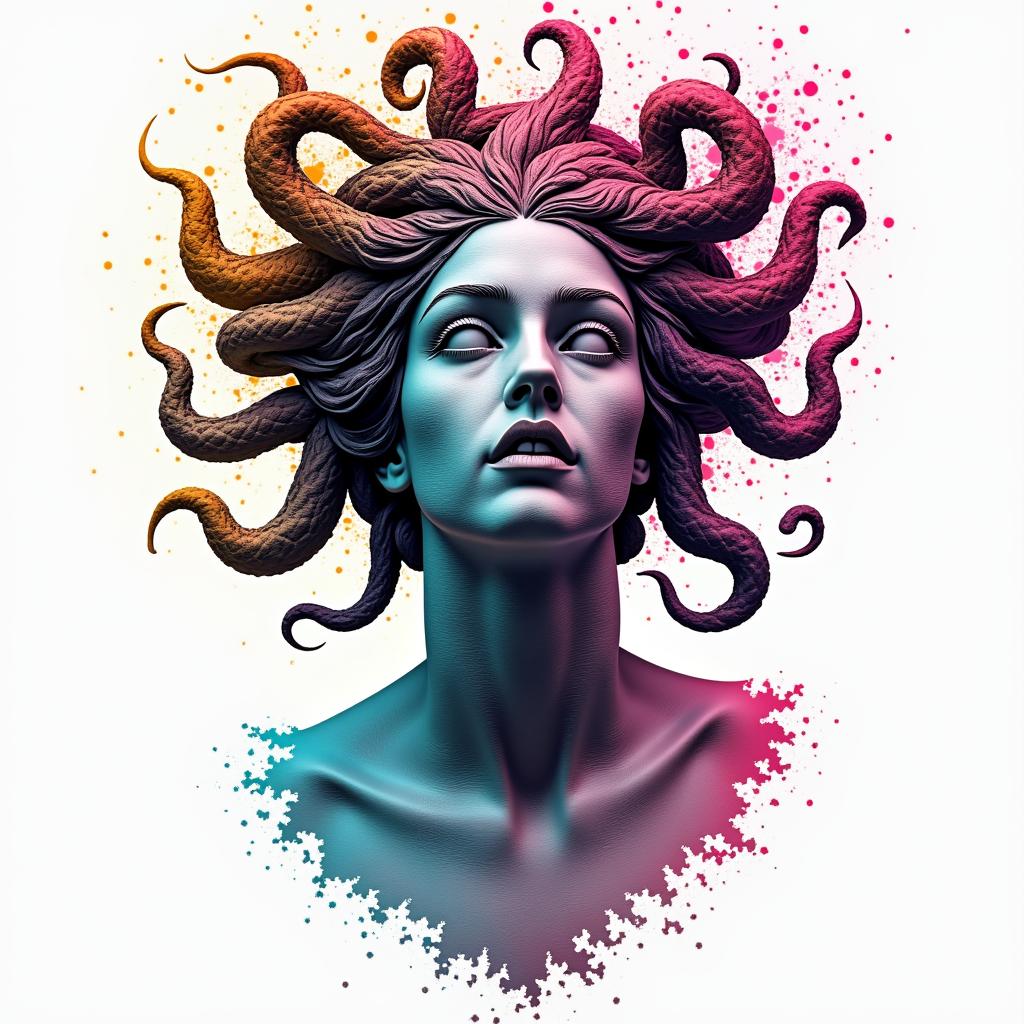 Medusa, seductive, intimidating, strongin distorted and fragmented tattoo design, featuring a classical statue bust, in a glitch art style with vibrant, overlapping colors of cyan, magenta, and yellow, creating a digital distortion effect