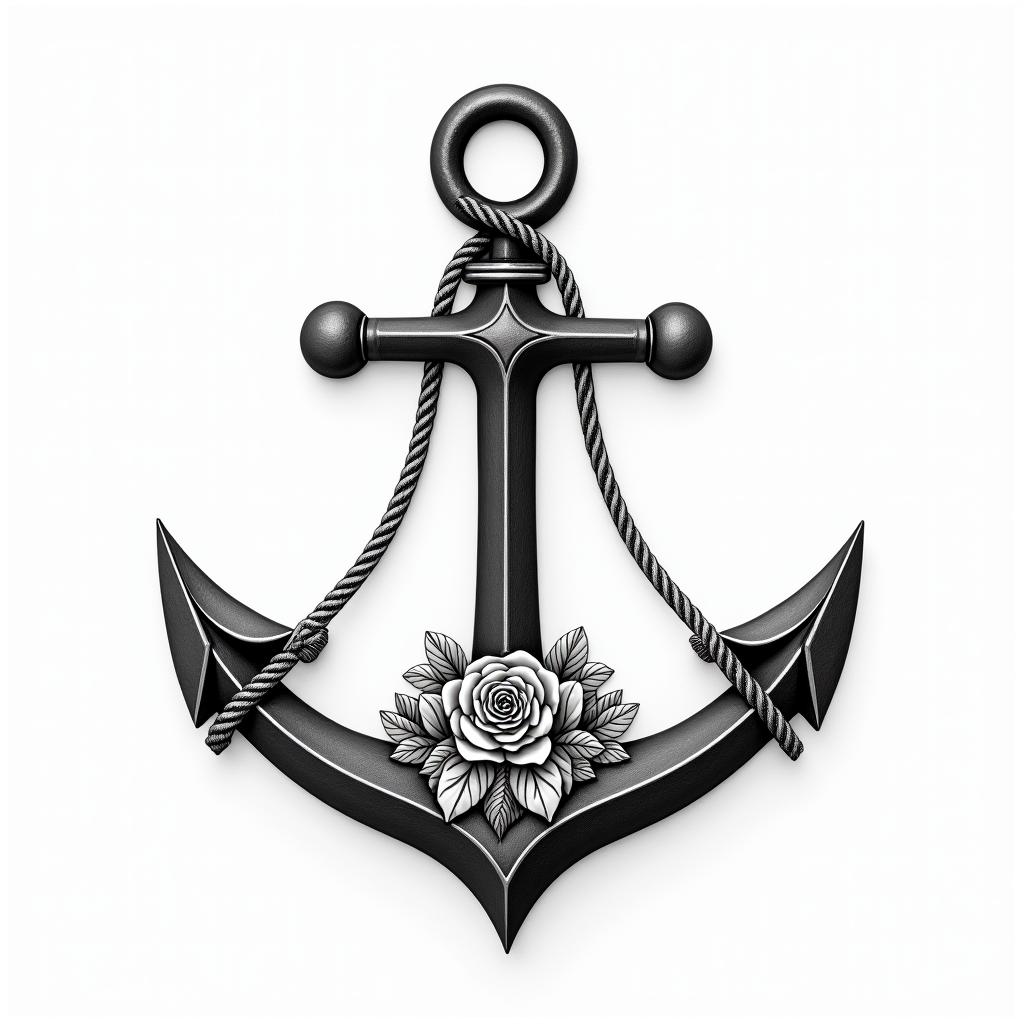 Anchor with nautical rope and compassin elegant cursive calligraphy style 2d tattoo, decorate with roses, featuring a smooth and flowing handwritten script with slightly thickened strokes for a luxurious and bold appearance,  heart symbol between names,  sleek and glossy black text with shadowing, minimalist matte white background, clean and sharp edges, illuminated with soft lighting, romantic, 8k, high-quality textures with refined typography - Variation 2