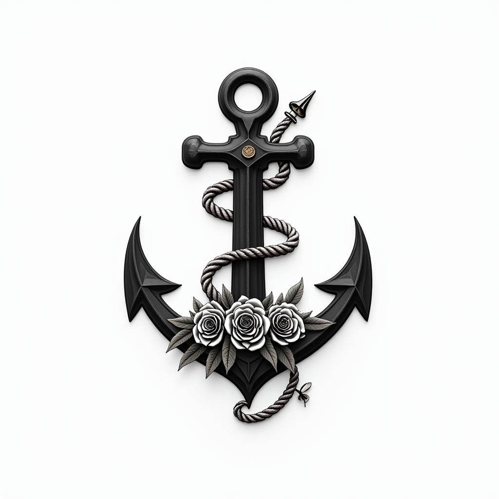 Anchor with nautical rope and compassin elegant cursive calligraphy style 2d tattoo, decorate with roses, featuring a smooth and flowing handwritten script with slightly thickened strokes for a luxurious and bold appearance,  heart symbol between names,  sleek and glossy black text with shadowing, minimalist matte white background, clean and sharp edges, illuminated with soft lighting, romantic, 8k, high-quality textures with refined typography - Variation 3