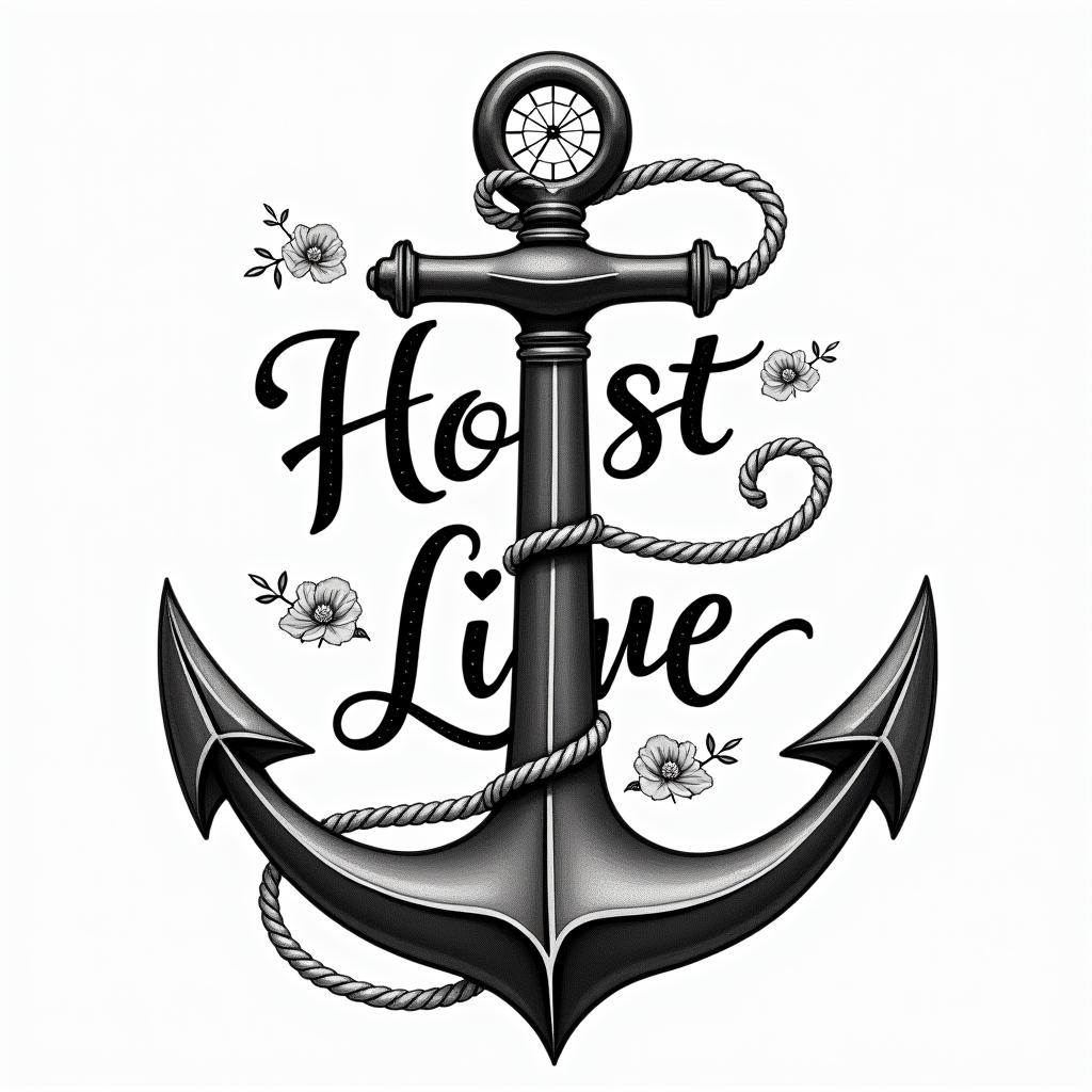 Anchor with nautical rope and compassin elegant cursive calligraphy style 2d tattoo, decorate with roses, featuring a smooth and flowing handwritten script with slightly thickened strokes for a luxurious and bold appearance,  heart symbol between names,  sleek and glossy black text with shadowing, minimalist matte white background, clean and sharp edges, illuminated with soft lighting, romantic, 8k, high-quality textures with refined typography - Variation 4