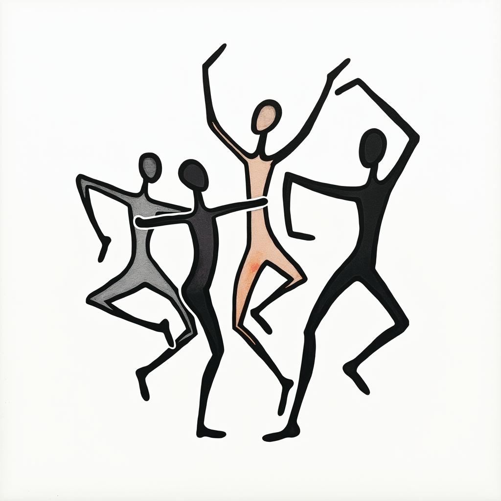 Rose Ann, Sagittarius, Philippinesabstract dancing figures in Keith Haring style, featuring bold black outlines and solid color fills, figures posed in dynamic and playful dance movements, minimalist design