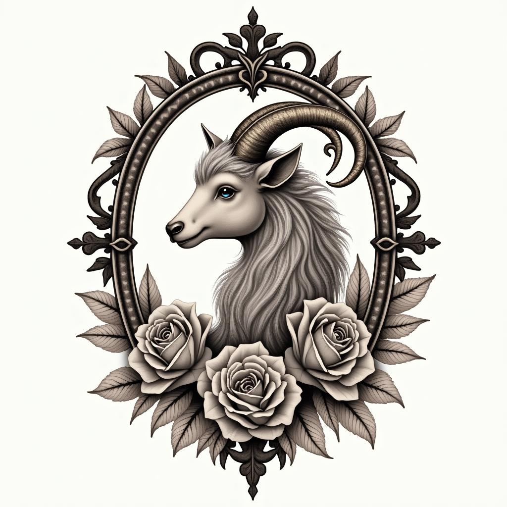 Capricornin victorian style tattoo, featuring vintage and elegant elements, ornate frames, roses, antique, sepia-toned color scheme - Variation 4