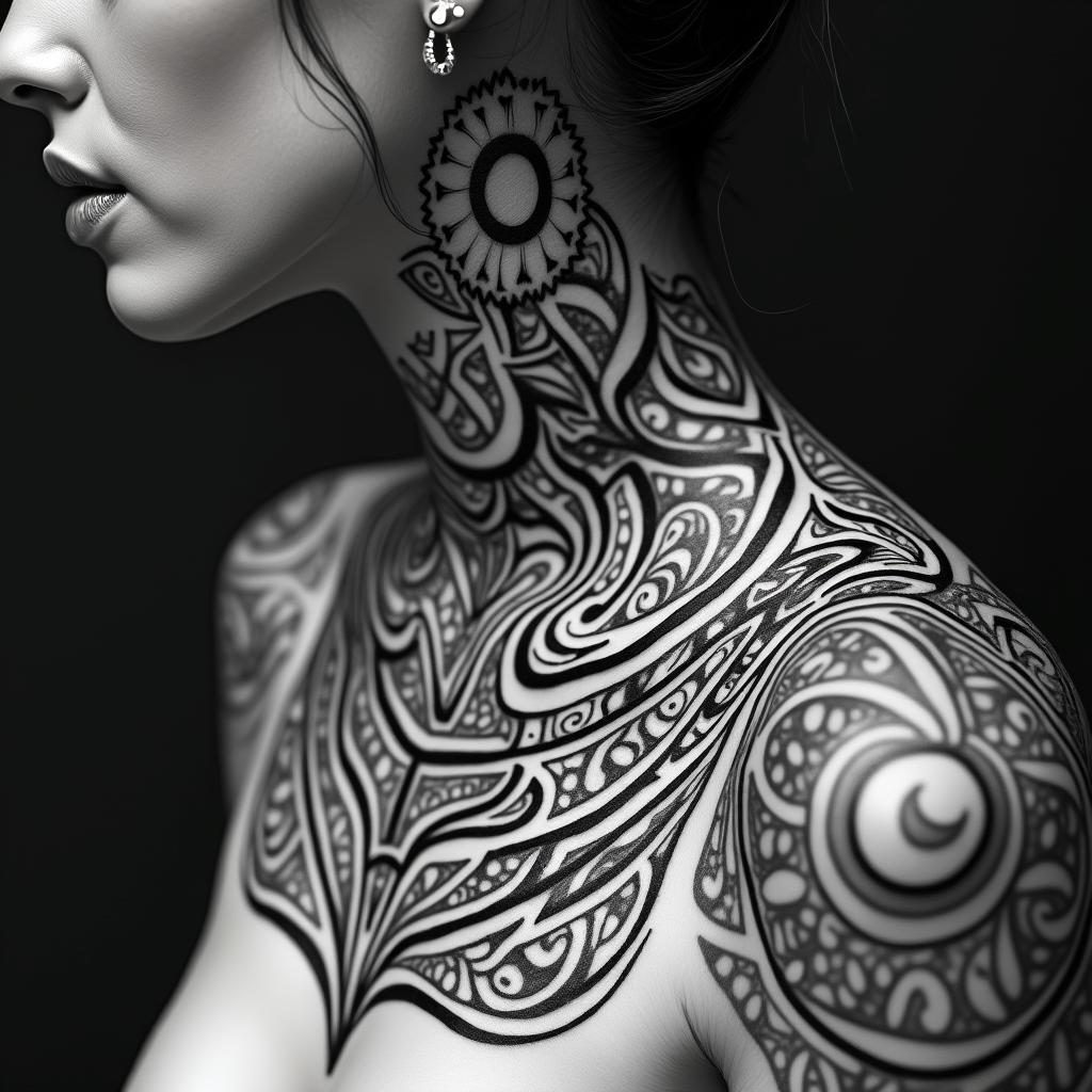Sagittariusin tribal tattoo style, featuring bold and black geometric shapes, curved lines, intertwine and flow seamlessly, creating a powerful and symbolic design, polynesian and maori styles - Variation 32