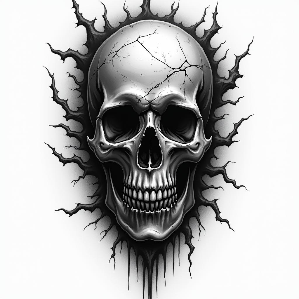 Marine in horror tattoo style, showcasing haunting and unsettling, dark and gritty textures with skulls, eerie faces, jgged designs, bold and intense shading