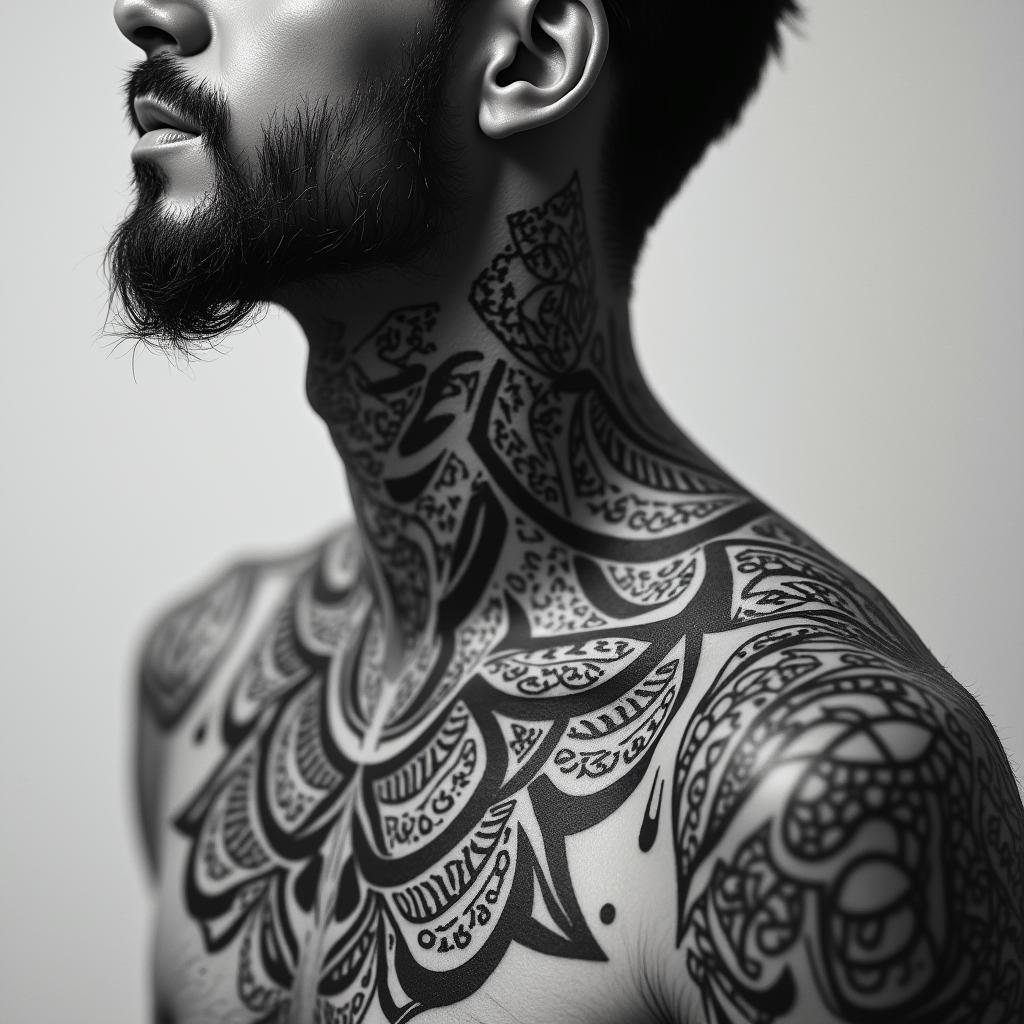 Sagittariusin tribal tattoo style, featuring bold and black geometric shapes, curved lines, intertwine and flow seamlessly, creating a powerful and symbolic design, polynesian and maori styles - Variation 27