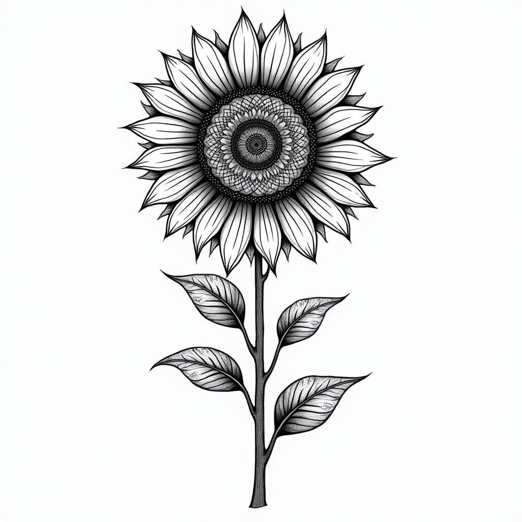 Sunflower + fernin dotwork style tattoo, complex mandala patterns, interlocking geometric shapes with sharp symmetry, clean lines, sharp angles