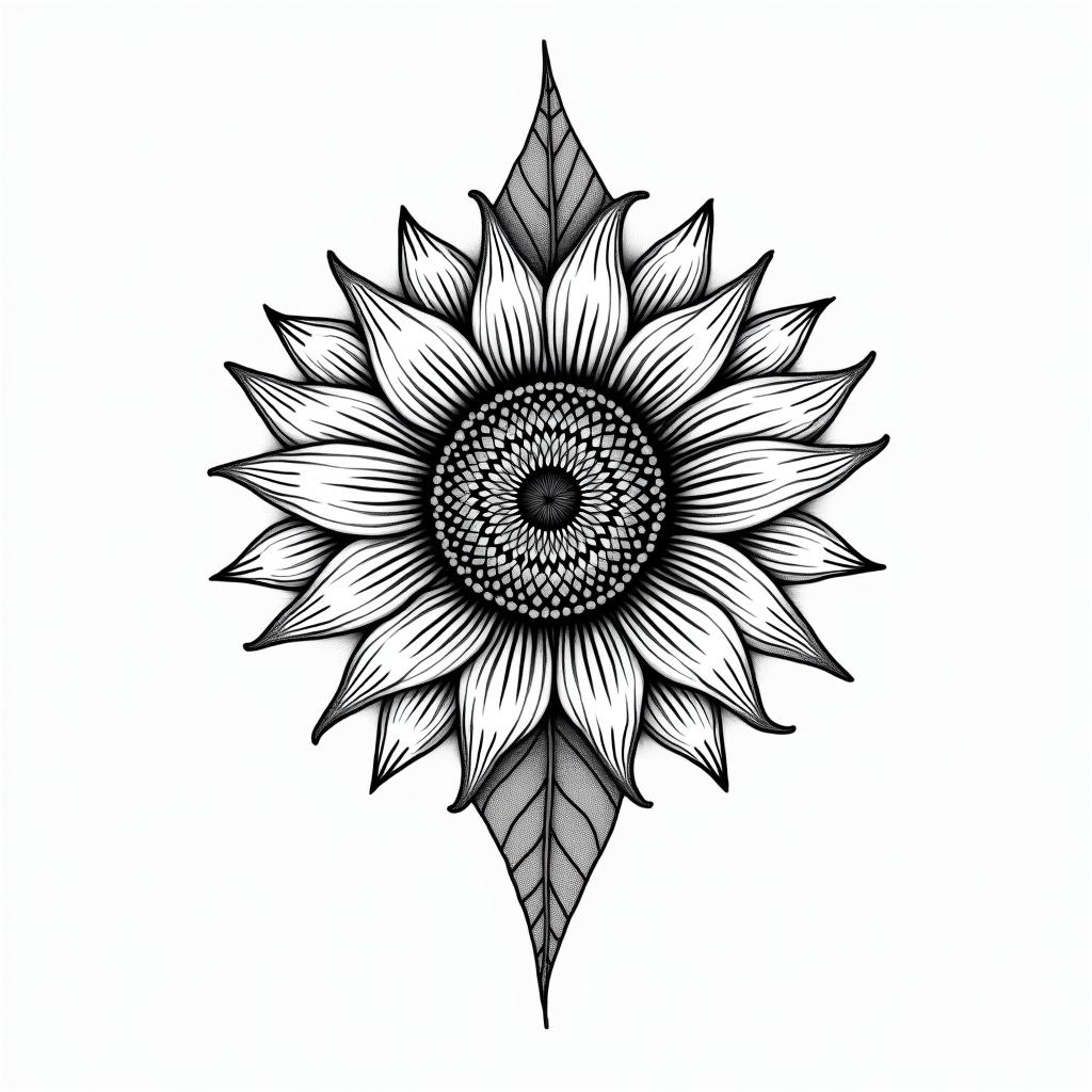 Sunflower + fernin dotwork style tattoo, complex mandala patterns, interlocking geometric shapes with sharp symmetry, clean lines, sharp angles - Variation 3