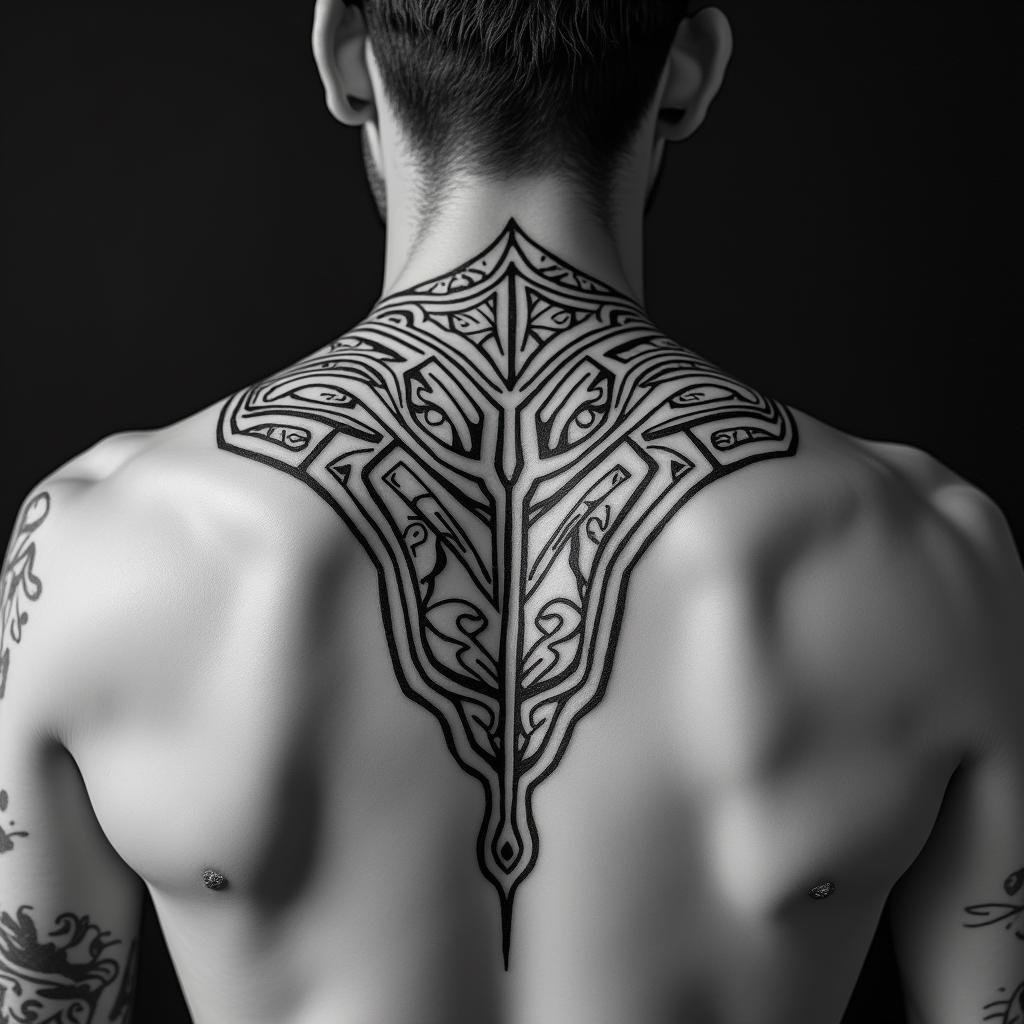 Sagittariusin tribal tattoo style, featuring bold and black geometric shapes, curved lines, intertwine and flow seamlessly, creating a powerful and symbolic design, polynesian and maori styles - Variation 24