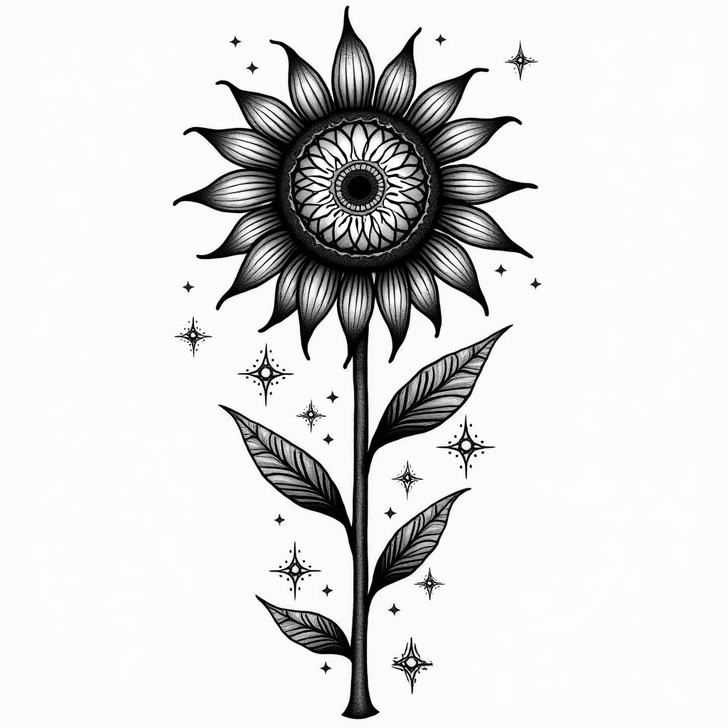 Sunflower + fernin prophecy tattoo style, featuring mystical symbols, celestial imagery like stars, moons, suns, geometric patterns, foretelling elements, an eye of wisdom - Variation 6