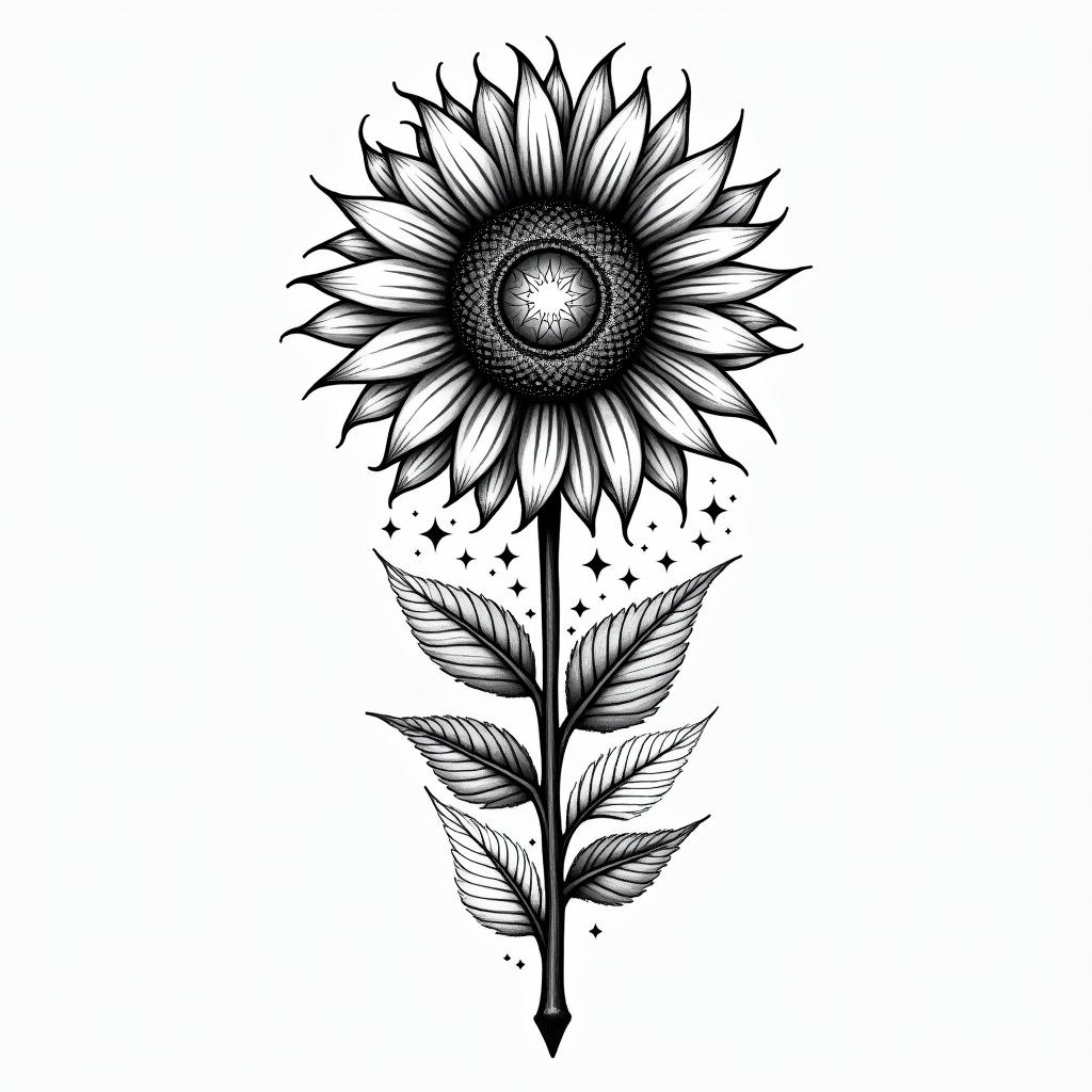Sunflower + fernin prophecy tattoo style, featuring mystical symbols, celestial imagery like stars, moons, suns, geometric patterns, foretelling elements, an eye of wisdom - Variation 7
