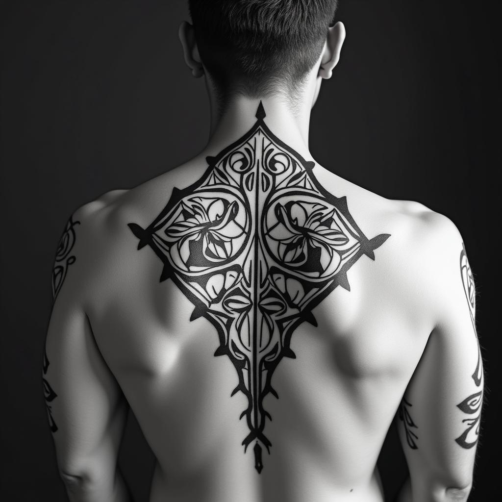 Sagittariusin tribal tattoo style, featuring bold and black geometric shapes, curved lines, intertwine and flow seamlessly, creating a powerful and symbolic design, polynesian and maori styles - Variation 20