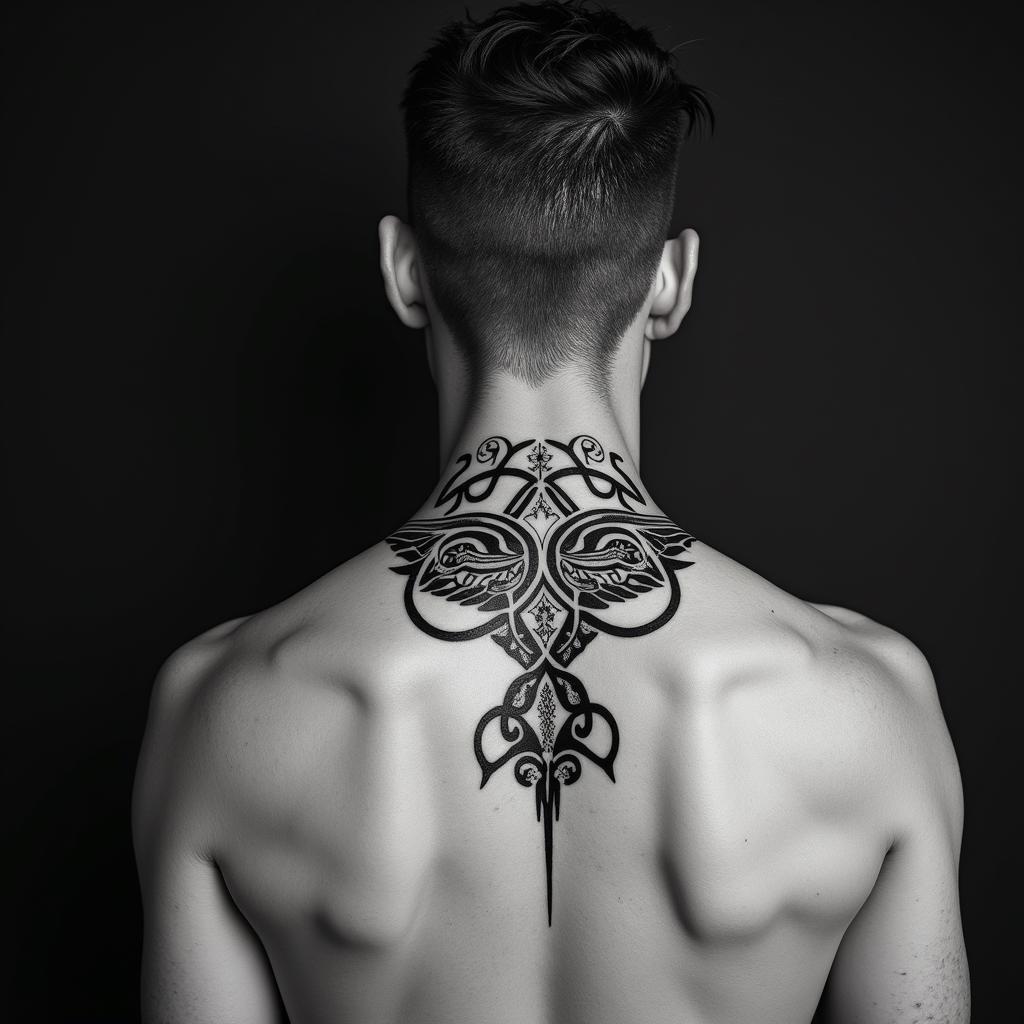 Sagittariusin tribal tattoo style, featuring bold and black geometric shapes, curved lines, intertwine and flow seamlessly, creating a powerful and symbolic design, polynesian and maori styles - Variation 17