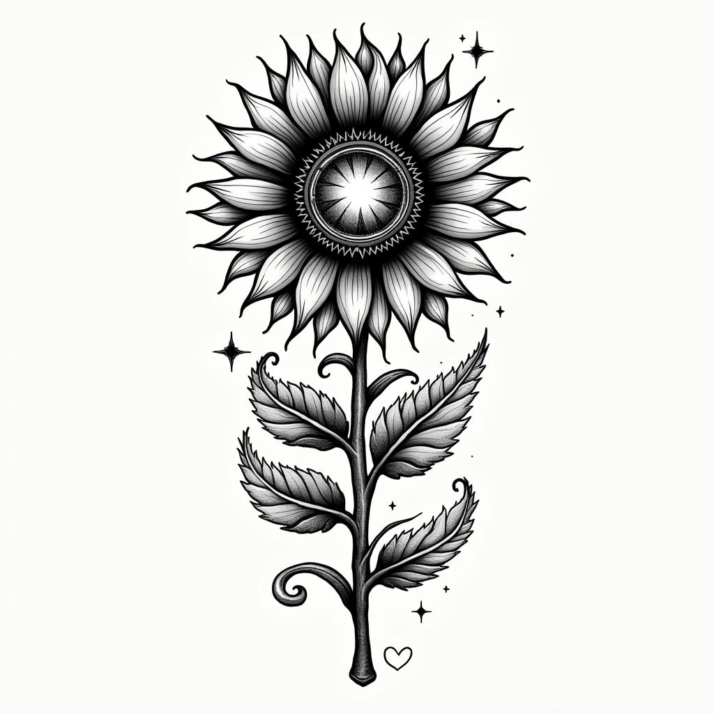 Sunflower + fernin prophecy tattoo style, featuring mystical symbols, celestial imagery like stars, moons, suns, geometric patterns, foretelling elements, an eye of wisdom - Variation 3
