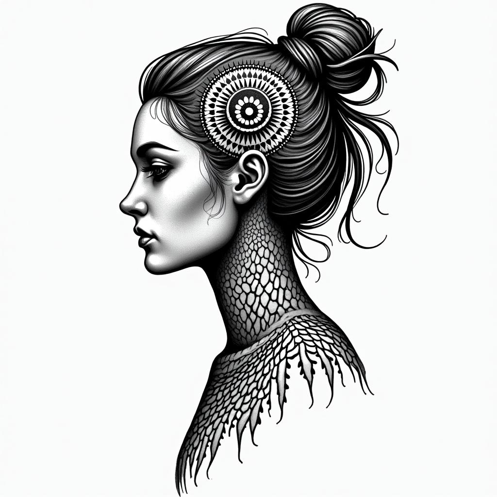 Warrior, survive, modern times, woman, strongin dotwork style tattoo, complex mandala patterns, interlocking geometric shapes with sharp symmetry, clean lines, sharp angles
