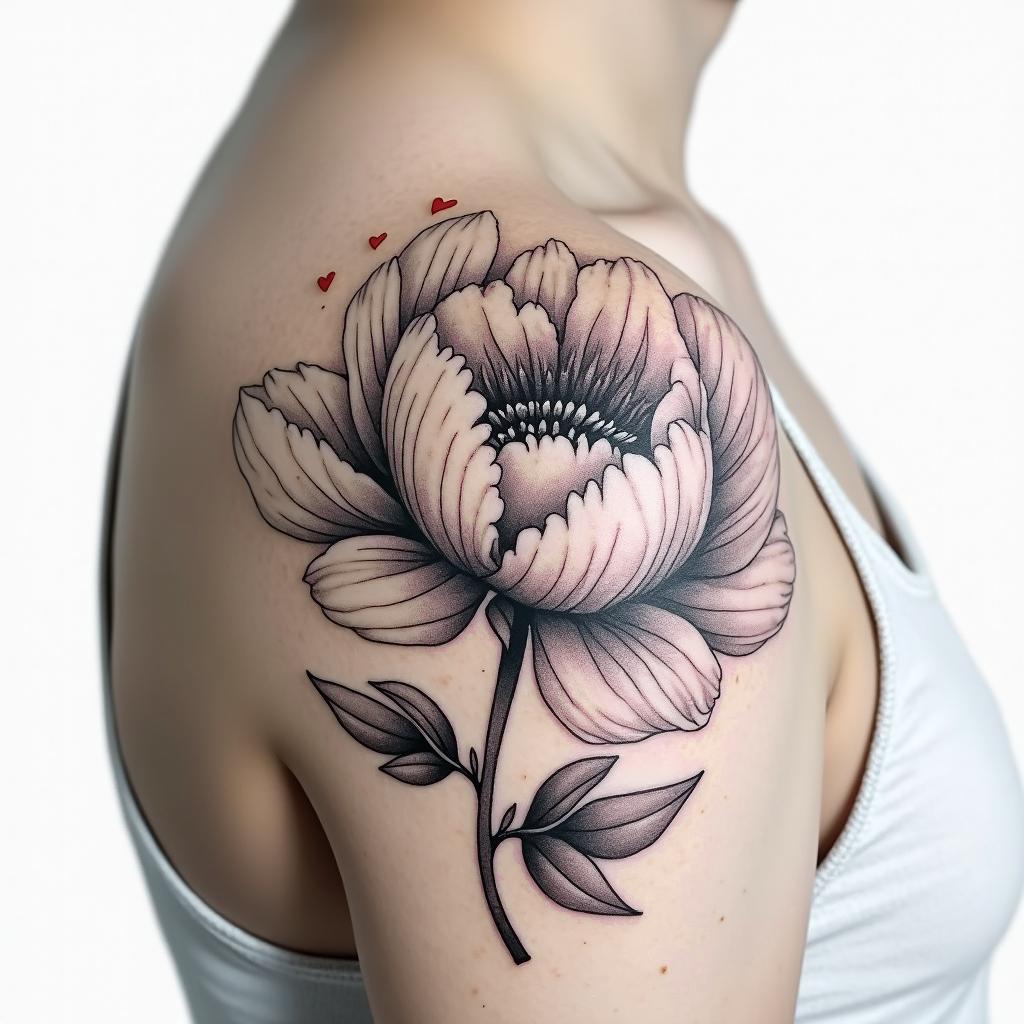 Black ink Realism peony shoulder tat with light shading, with the word bismallah written on the outer front starting at the top of the shoulder blade written in dramatic script front in red ink peaking 
through the flowersin Modest style tattoo, featuring soft, delicate line work with simple and meaningful symbols, gentle waves, a heart, evoking a sense of serenity and grace, - Variation 3