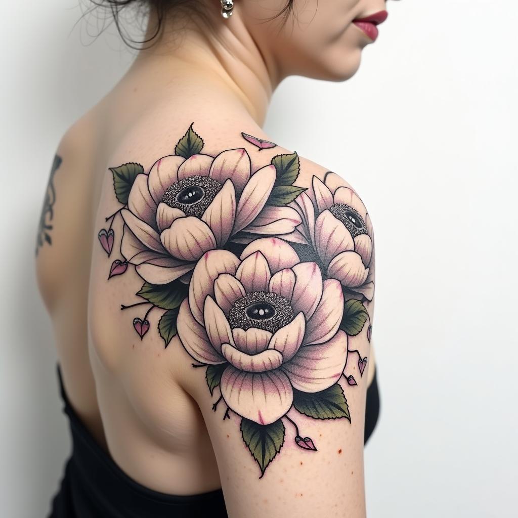 Black ink Realism peony shoulder tat with light shading, with the word bismallah written on the outer front starting at the top of the shoulder blade written in dramatic script front in red ink peaking 
through the flowersin Modest style tattoo, featuring soft, delicate line work with simple and meaningful symbols, gentle waves, a heart, evoking a sense of serenity and grace, - Variation 4
