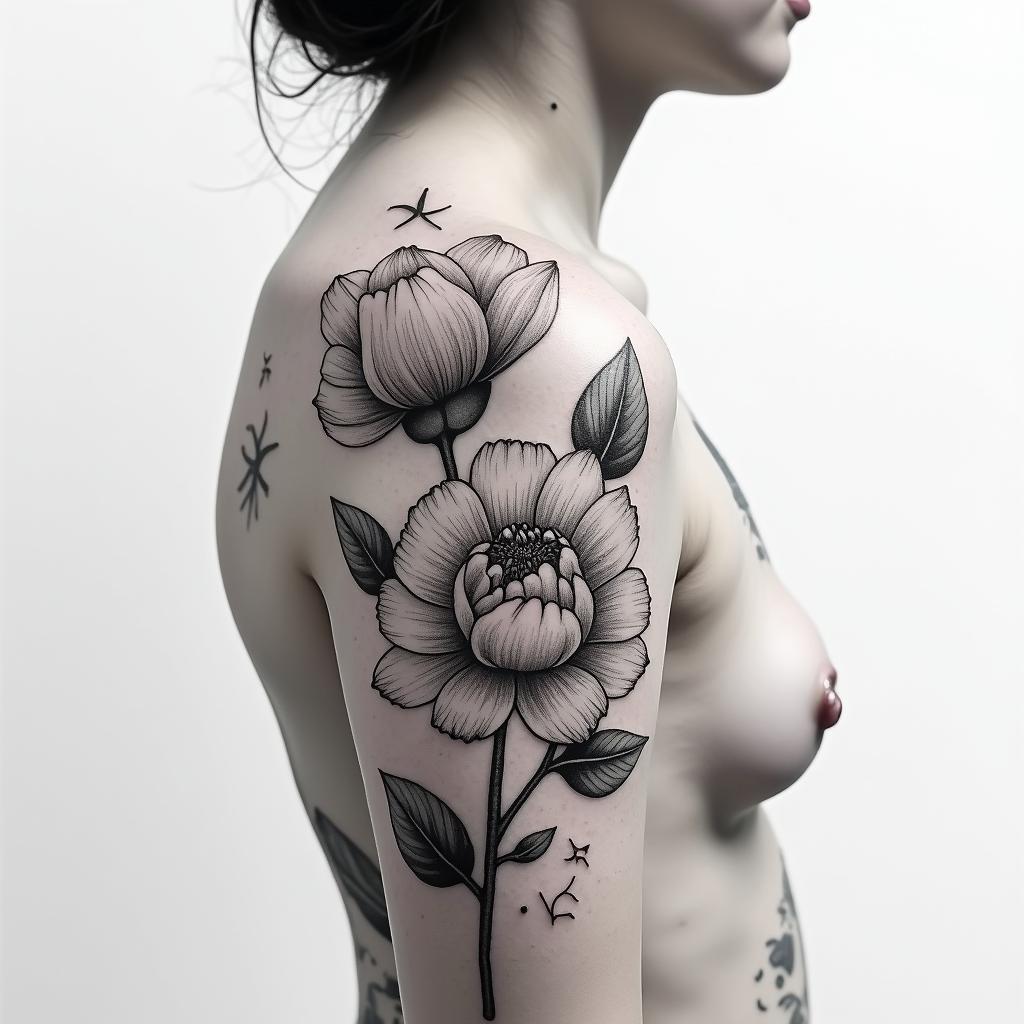 Black ink Realism peony shoulder tat with light shading, with the word bismallah written on the outer front starting at the top of the shoulder blade written in dramatic script front in red ink peaking 
through the flowersin Modest style tattoo, featuring soft, delicate line work with simple and meaningful symbols, gentle waves, a heart, evoking a sense of serenity and grace, - Variation 2