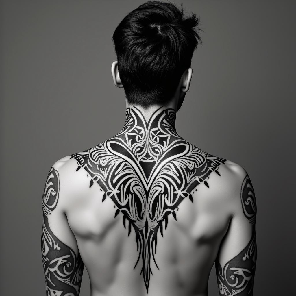 Sagittariusin tribal tattoo style, featuring bold and black geometric shapes, curved lines, intertwine and flow seamlessly, creating a powerful and symbolic design, polynesian and maori styles - Variation 11
