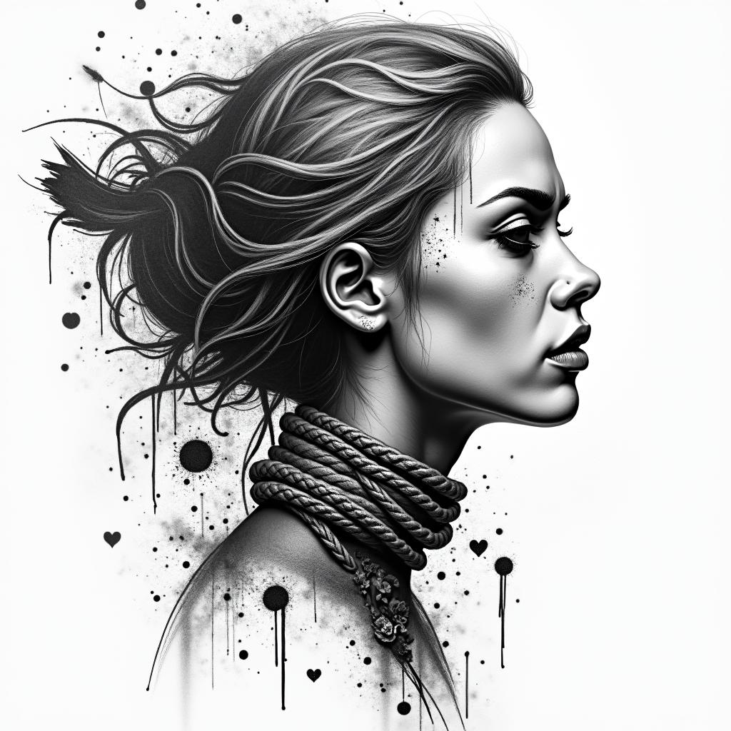 Warrior, survival, modern age, woman, strongin graffiti style tattoo, featuring bold and dynamic street art elements, spray-paint texture with exaggerated lines and expressive, chaotic brushstrokes, intricate lettering incorporated with graffiti tags, symbols like hearts, stars, and wings