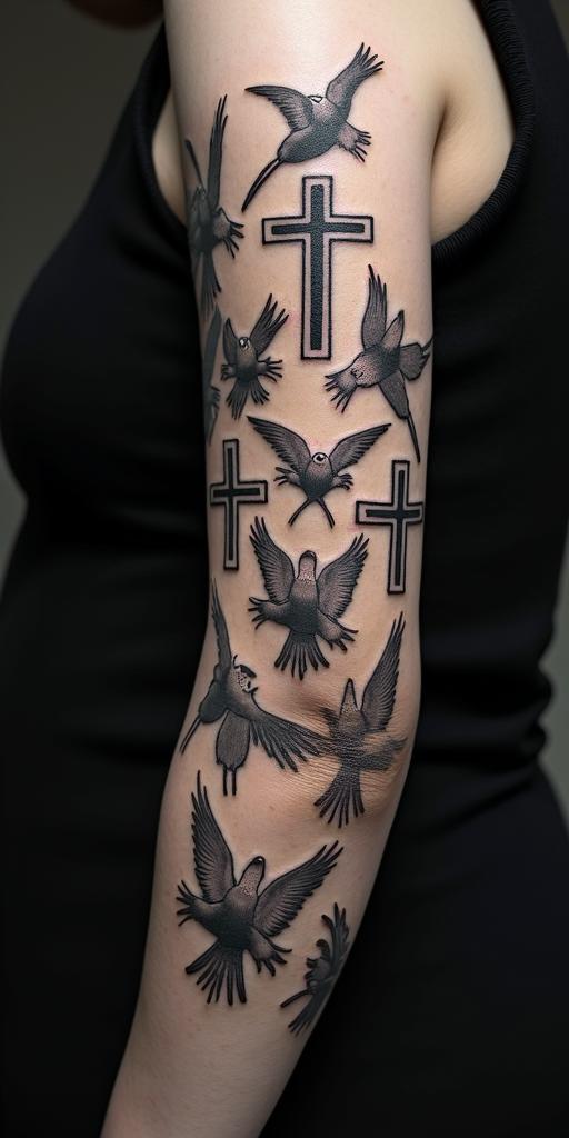 Jesus with crosses, birds, and Psalm 91 verse 2, with the name Kellani written above, all in black and white with red roses.text-based tattoo, gothic font ultra-realistic, perfectly placed, high-quality font design, photo-realistic shading, 8k, high quality, finely detailed typography - Variation 2