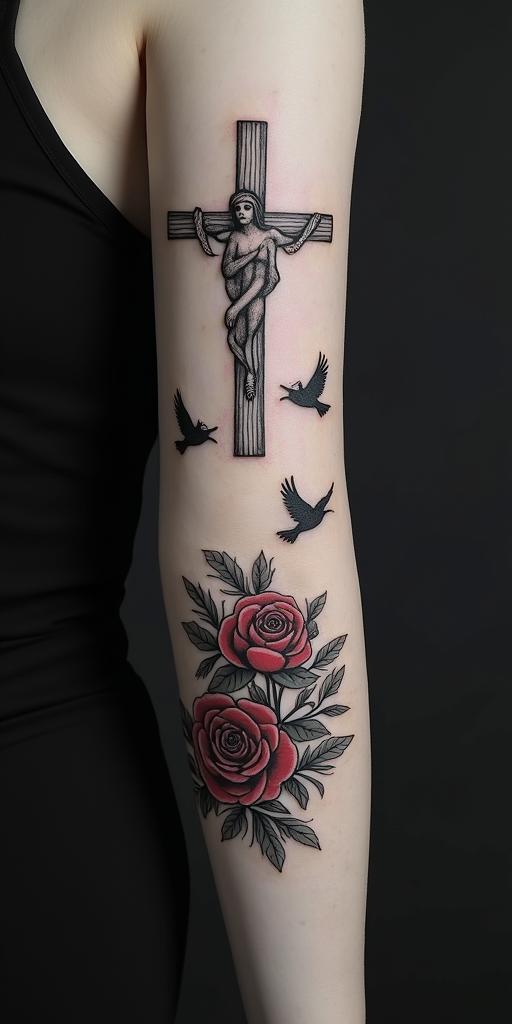 Jesus with crosses, birds, and Psalm 91 verse 2, with the name Kellani written above, all in black and white with red roses.text-based tattoo, gothic font ultra-realistic, perfectly placed, high-quality font design, photo-realistic shading, 8k, high quality, finely detailed typography