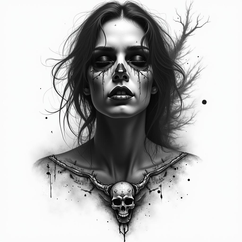 Warrior, survive, modern age, woman, strong in horror tattoo style, showcasing haunting and unsettling, dark and gritty textures with skulls, eerie faces, jgged designs, bold and intense shading