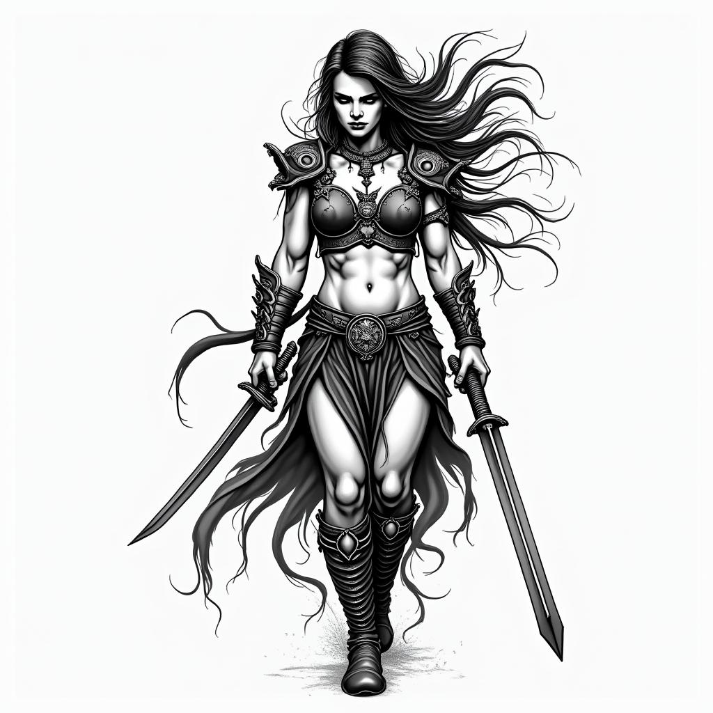 Warrior, survival, modern era, woman, strongin authentic tattoo style, incorporating traditional modifications, bold black outlines, solid color fills, featuring classic authentic elements - Variation 2