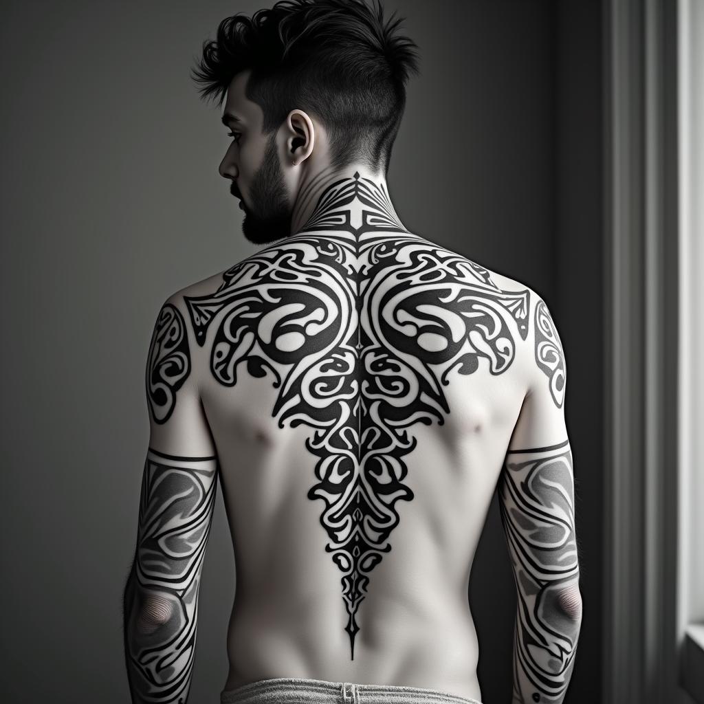 Sagittariusin tribal tattoo style, featuring bold and black geometric shapes, curved lines, intertwine and flow seamlessly, creating a powerful and symbolic design, polynesian and maori styles - Variation 4