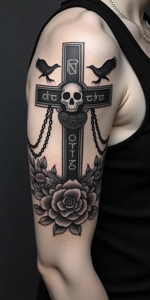 Jesus with crosses, birds, and Psalm 91 verse 2, with the name Kellani written above, all in black and white and with red roses.in chicano style tattoo, featuring intricate black and grey shading, bold elements of traditional chicano culture symbols, add a big cross with skull, chains and roses - Variation 3