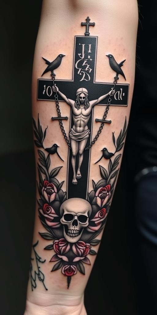 Jesus with crosses, birds, and Psalm 91 verse 2, with the name Kellani written above, all in black and white and with red roses.in chicano style tattoo, featuring intricate black and grey shading, bold elements of traditional chicano culture symbols, add a big cross with skull, chains and roses - Variation 4
