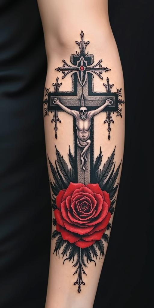 Jesus with crosses, birds, and Psalm 91 verse 2, with the name Kellani written above, all in black and white and with red roses.in chicano style tattoo, featuring intricate black and grey shading, bold elements of traditional chicano culture symbols, add a big cross with skull, chains and roses - Variation 1