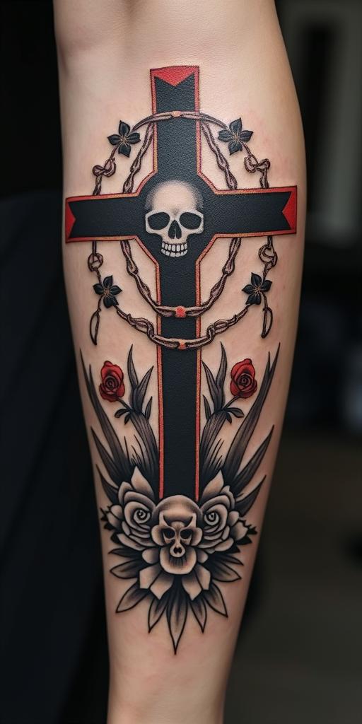 Jesus with crosses, birds, and Psalm 91 verse 2, with the name Kellani written above, all in black and white and with red roses.in chicano style tattoo, featuring intricate black and grey shading, bold elements of traditional chicano culture symbols, add a big cross with skull, chains and roses - Variation 2